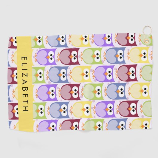 かわいいフクロウ、フクロウカラフルの柄、フクロウ、お名前 ゴルフタオル (横)