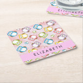 かわいいフクロウ、フクロウカラフルの柄、フクロウ、お名前 スクエアペーパーコースター (アングル)