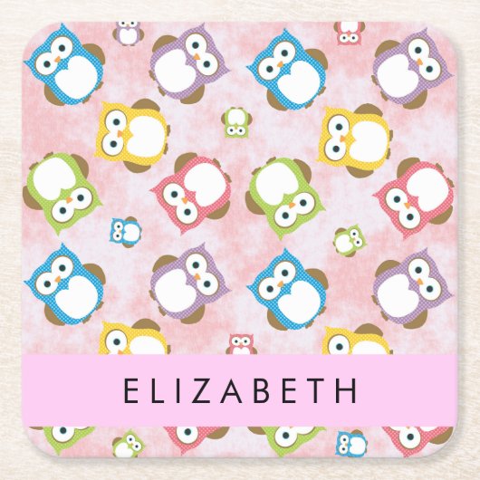 かわいいフクロウ、フクロウカラフルの柄、フクロウ、お名前 スクエアペーパーコースター (正面)