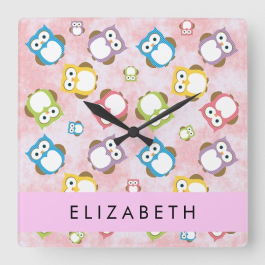 かわいいフクロウ、フクロウカラフルの柄、フクロウ、お名前 スクエア壁時計 (正面)