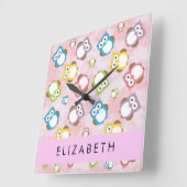 かわいいフクロウ、フクロウカラフルの柄、フクロウ、お名前 スクエア壁時計 (傾斜)