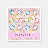 かわいいフクロウ、フクロウカラフルの柄、フクロウ、お名前 スタンダードカクテルナプキン (正面)