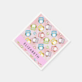 かわいいフクロウ、フクロウカラフルの柄、フクロウ、お名前 スタンダードカクテルナプキン (角)