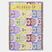 かわいいフクロウ、フクロウカラフルの柄、フクロウ、お名前 スローブランケット (正面縦)