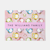 かわいいフクロウ、フクロウカラフルの柄、フクロウ、お名前 ドアマット (正面)