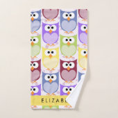 かわいいフクロウ、フクロウカラフルの柄、フクロウ、お名前 バスタオルセット (ハンドタオル)