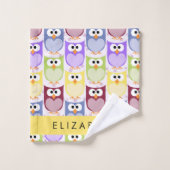 かわいいフクロウ、フクロウカラフルの柄、フクロウ、お名前 バスタオルセット (ウォッシュタオル)