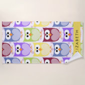 かわいいフクロウ、フクロウカラフルの柄、フクロウ、お名前 ビーチタオル (正面)