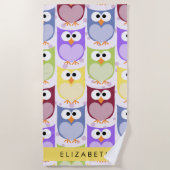 かわいいフクロウ、フクロウカラフルの柄、フクロウ、お名前 ビーチタオル (正面)