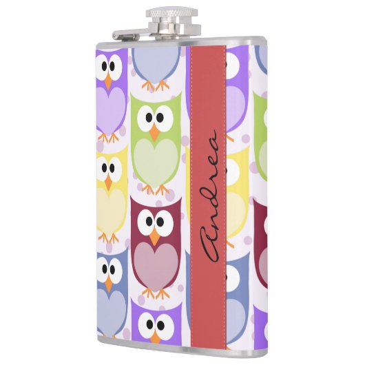 かわいいフクロウ、フクロウカラフルの柄、フクロウ、お名前 フラスク (左)