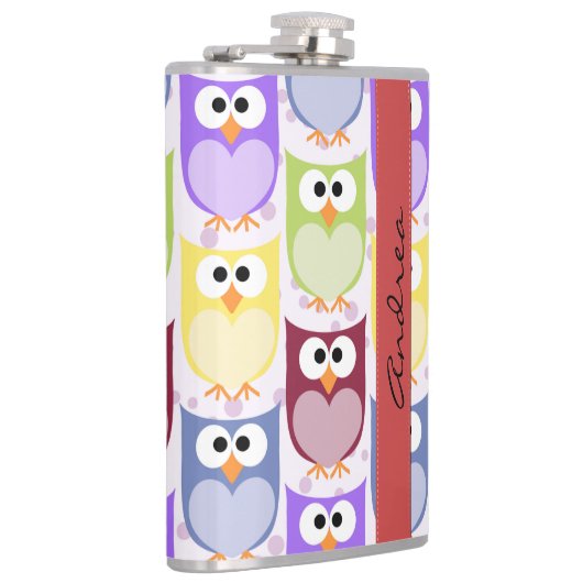 かわいいフクロウ、フクロウカラフルの柄、フクロウ、お名前 フラスク (右)