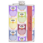 かわいいフクロウ、フクロウカラフルの柄、フクロウ、お名前 フラスク (正面)