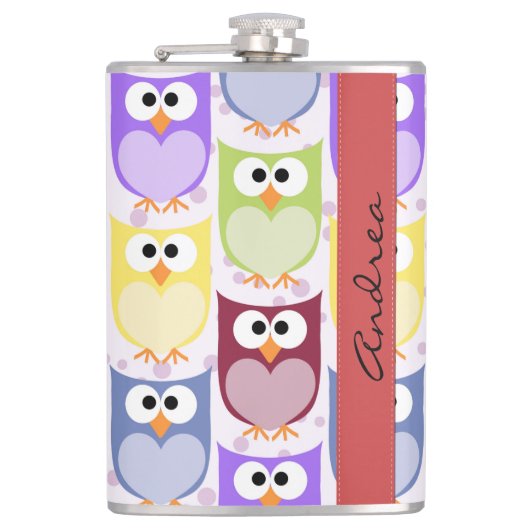 かわいいフクロウ、フクロウカラフルの柄、フクロウ、お名前 フラスク (正面)