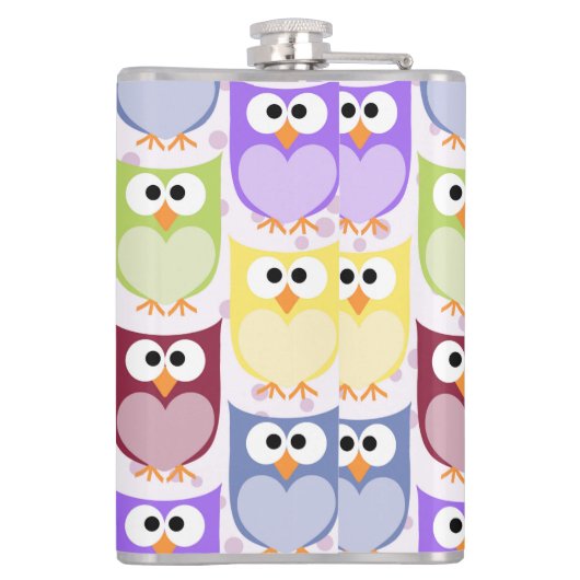 かわいいフクロウ、フクロウカラフルの柄、フクロウ、お名前 フラスク (裏面)