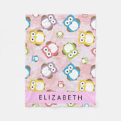 かわいいフクロウ、フクロウカラフルの柄、フクロウ、お名前 フリースブランケット (正面)