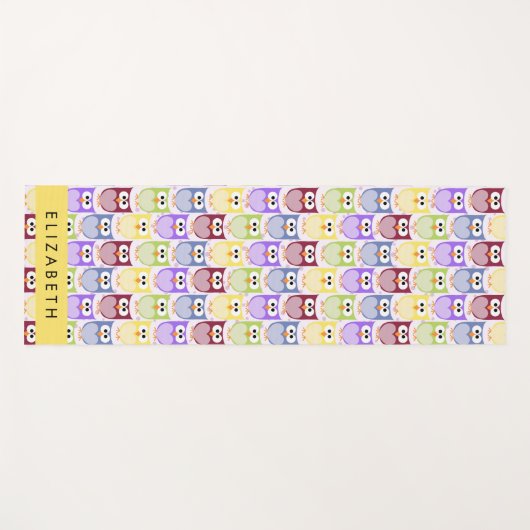 かわいいフクロウ、フクロウカラフルの柄、フクロウ、お名前 ヨガマット (正面(横))