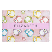 かわいいフクロウ、フクロウカラフルの柄、フクロウ、お名前 枕カバー (裏面)