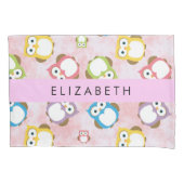 かわいいフクロウ、フクロウカラフルの柄、フクロウ、お名前 枕カバー (正面)