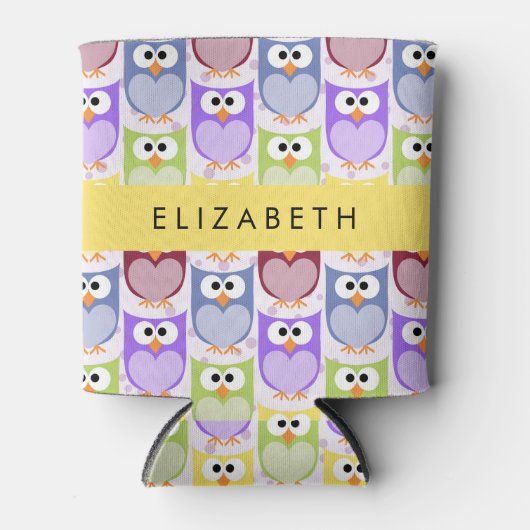 かわいいフクロウ、フクロウカラフルの柄、フクロウ、お名前 缶クーラー (正面)