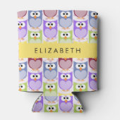 かわいいフクロウ、フクロウカラフルの柄、フクロウ、お名前 缶クーラー (裏面)