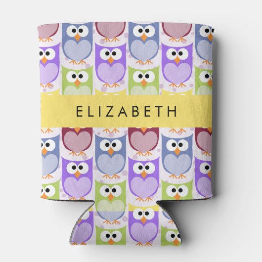 かわいいフクロウ、フクロウカラフルの柄、フクロウ、お名前 缶クーラー (裏面)