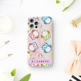 かわいいフクロウ、フクロウカラフルの柄、フクロウ、お名前 iPhone 12 PROケース