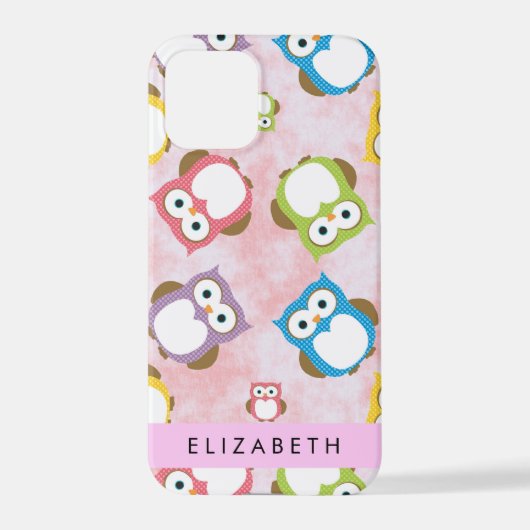 かわいいフクロウ、フクロウカラフルの柄、フクロウ、お名前 iPhoneケース (裏面)