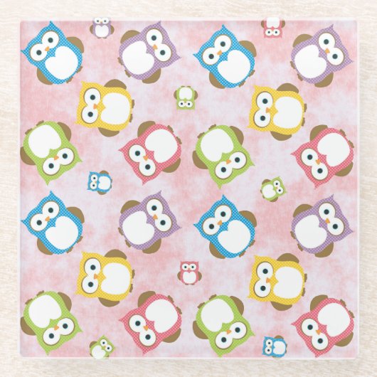 かわいいフクロウ、フクロウカラフル、フクロウ、ベビーフクロウ ガラスコースター (正面)