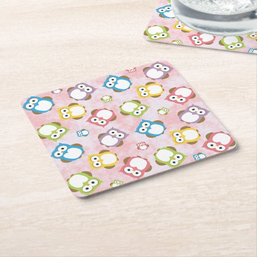 かわいいフクロウ、フクロウカラフル、フクロウ、ベビーフクロウ スクエアペーパーコースター (アングル)