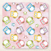 かわいいフクロウ、フクロウカラフル、フクロウ、ベビーフクロウ スクエアペーパーコースター (正面)