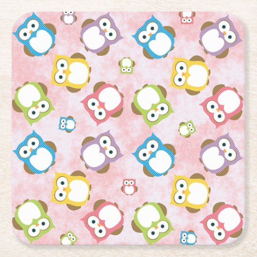 かわいいフクロウ、フクロウカラフル、フクロウ、ベビーフクロウ スクエアペーパーコースター (正面)