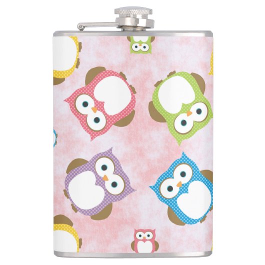 かわいいフクロウ、フクロウカラフル、フクロウ、ベビーフクロウ フラスク (正面)