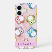 かわいいフクロウ、フクロウ柄、カラフルなフクロウ、お名前入り iPhone 16ケース (裏面)