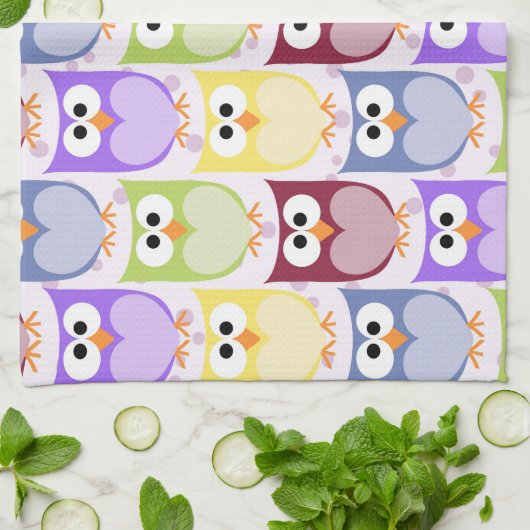 かわいいフクロウ、フクロウ柄、ベビーフクロウカラフル、フクロウ キッチンタオル (折り畳み)