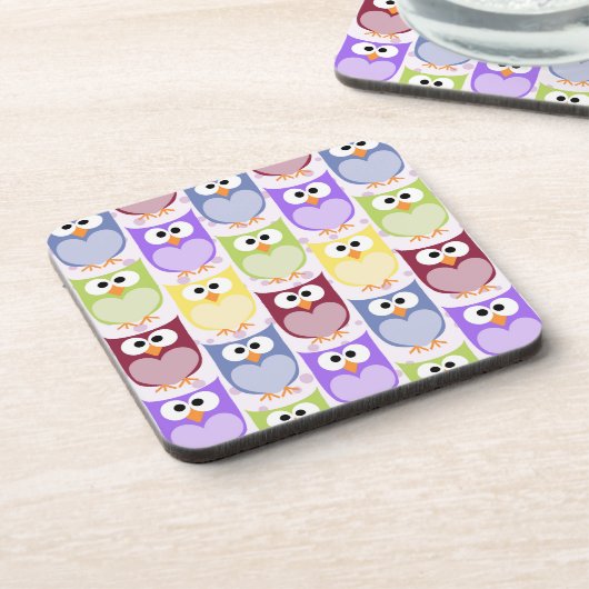 かわいいフクロウ、フクロウ柄、ベビーフクロウカラフル、フクロウ コースター (左側)