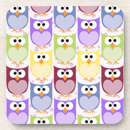 かわいいフクロウ、フクロウ柄、ベビーフクロウカラフル、フクロウ コースター (正面)