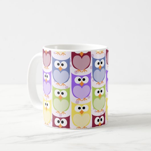 かわいいフクロウ、フクロウ柄、ベビーフクロウカラフル、フクロウ コーヒーマグカップ (正面左)