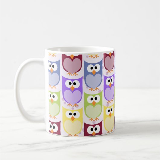 かわいいフクロウ、フクロウ柄、ベビーフクロウカラフル、フクロウ コーヒーマグカップ (左)