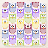 かわいいフクロウ、フクロウ柄、ベビーフクロウカラフル、フクロウ スクエアペーパーコースター (正面)