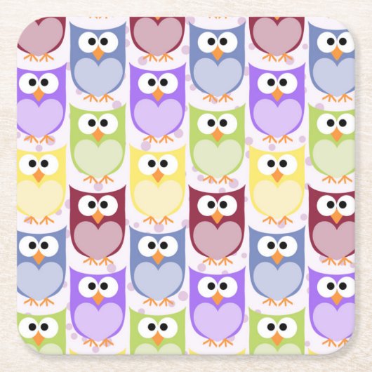 かわいいフクロウ、フクロウ柄、ベビーフクロウカラフル、フクロウ スクエアペーパーコースター (正面)