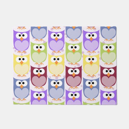 かわいいフクロウ、フクロウ柄、ベビーフクロウカラフル、フクロウ ドアマット (正面)