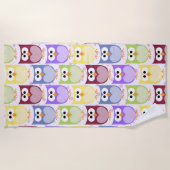 かわいいフクロウ、フクロウ柄、ベビーフクロウカラフル、フクロウ ビーチタオル (正面)