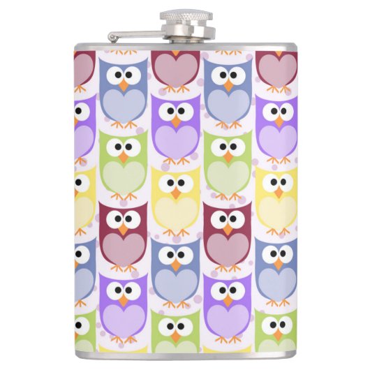 かわいいフクロウ、フクロウ柄、ベビーフクロウカラフル、フクロウ フラスク (正面)
