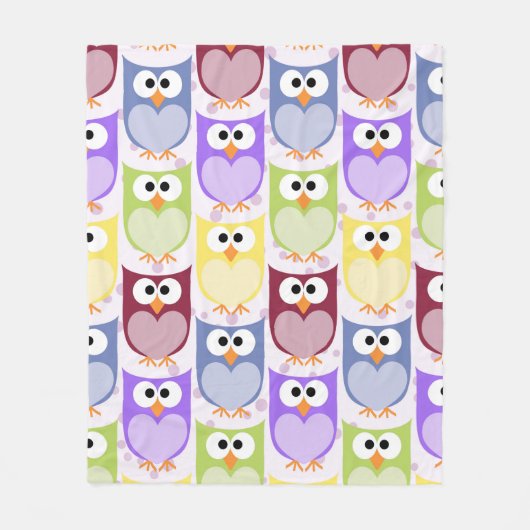 かわいいフクロウ、フクロウ柄、ベビーフクロウカラフル、フクロウ フリースブランケット (正面)