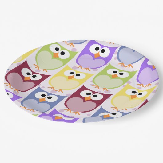 かわいいフクロウ、フクロウ柄、ベビーフクロウカラフル、フクロウ ペーパープレート (アングル)