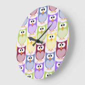 かわいいフクロウ、フクロウ柄、ベビーフクロウカラフル、フクロウ ラージ壁時計 (傾斜)