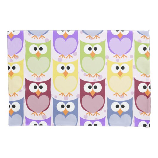 かわいいフクロウ、フクロウ柄、ベビーフクロウカラフル、フクロウ 枕カバー (正面)