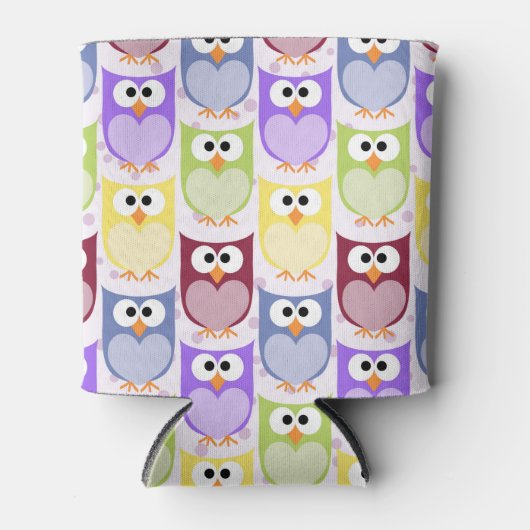 かわいいフクロウ、フクロウ柄、ベビーフクロウカラフル、フクロウ 缶クーラー (正面)