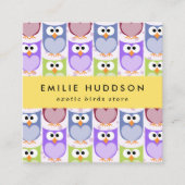 かわいいフクロウ、フクロウ柄、ペットショップ、バードストア スクエア名刺 (正面)