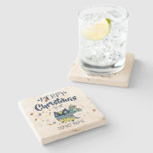 かわいいフクロウ&メリークリスマスタイポグラフィ ストーンコースター (横)